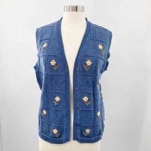 Vintage Tulchan Blue Floral Embroidered Sweater Vest  Size Large L
